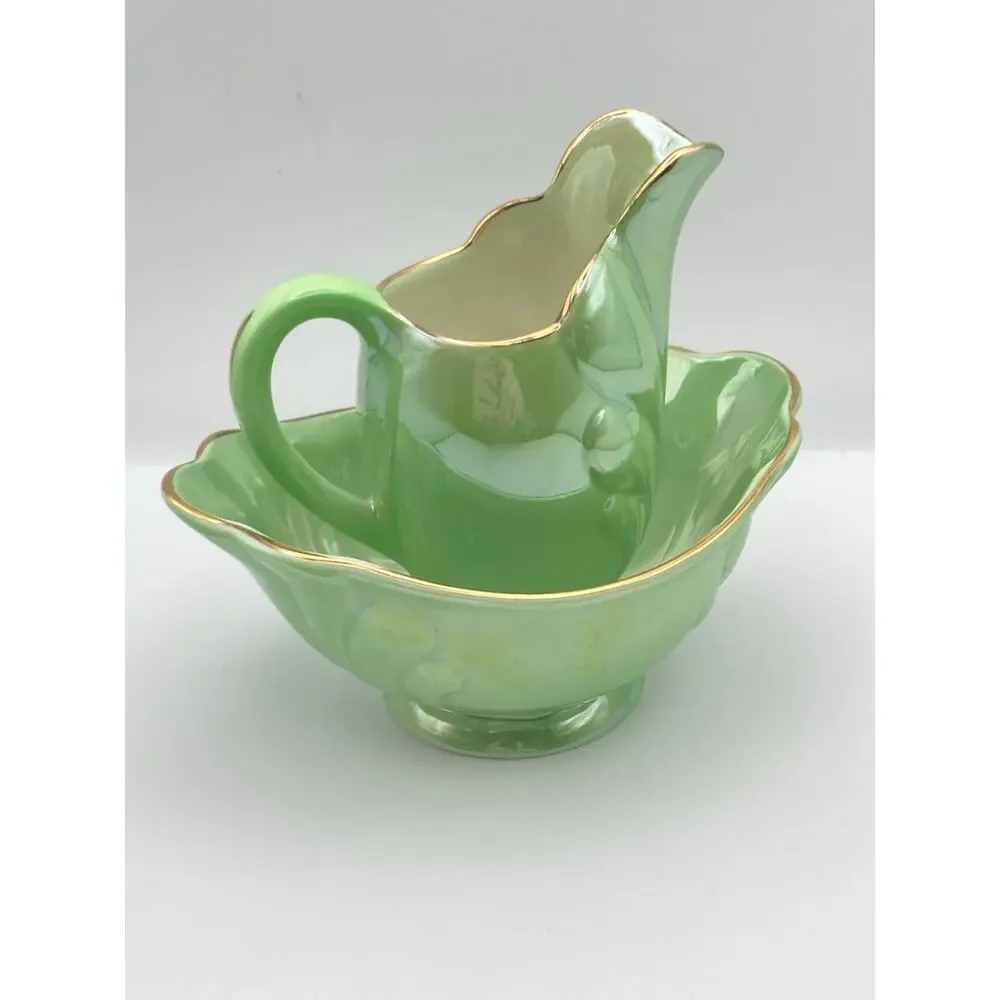 Vintage Maling Pottery Green Lusterware Gold Rim Cream Jug & Sugar Bowl Set